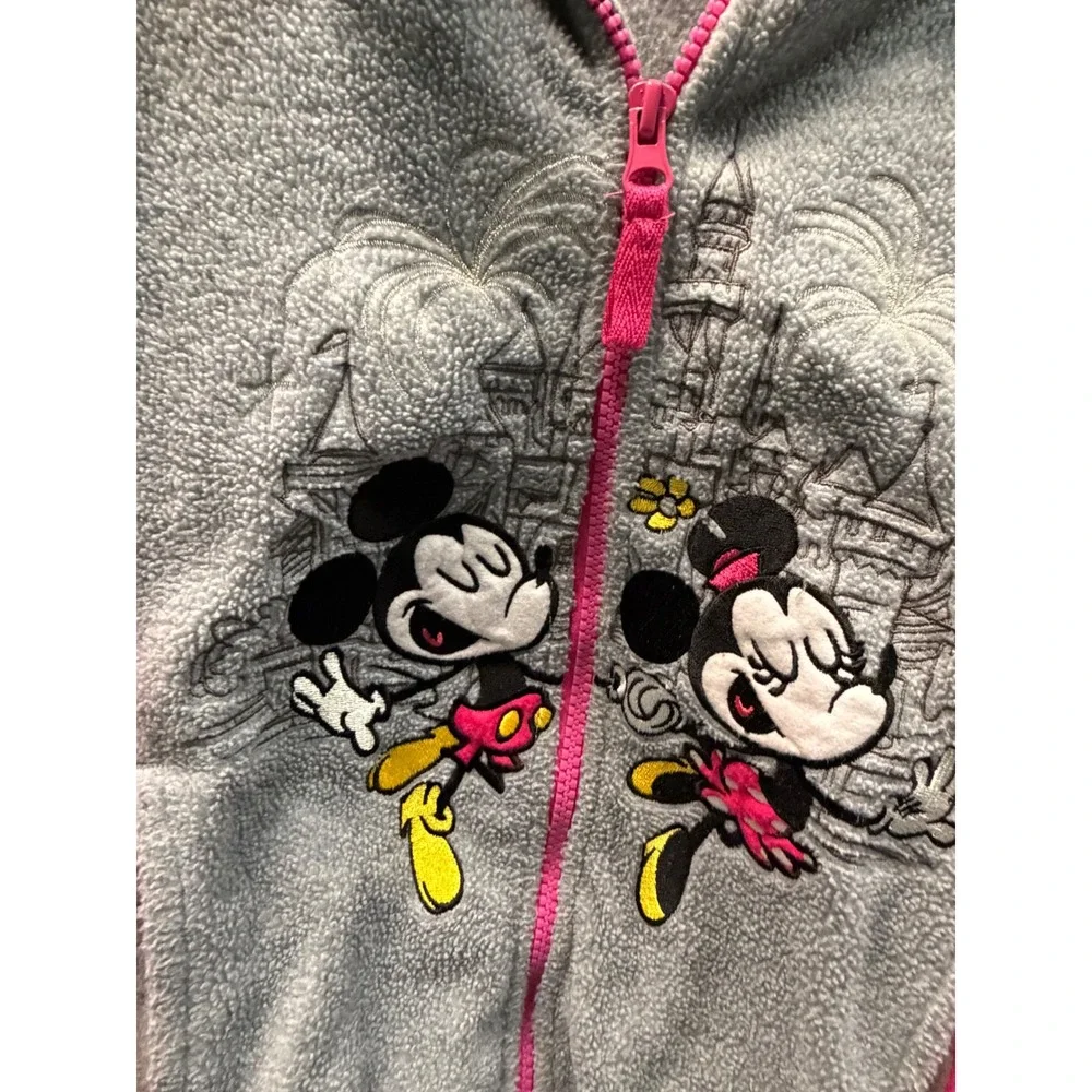 Disney Parks Kids Grey Pink Mickey Minnie Mouse Fleece Zip‎ Jacket Thumbholes L